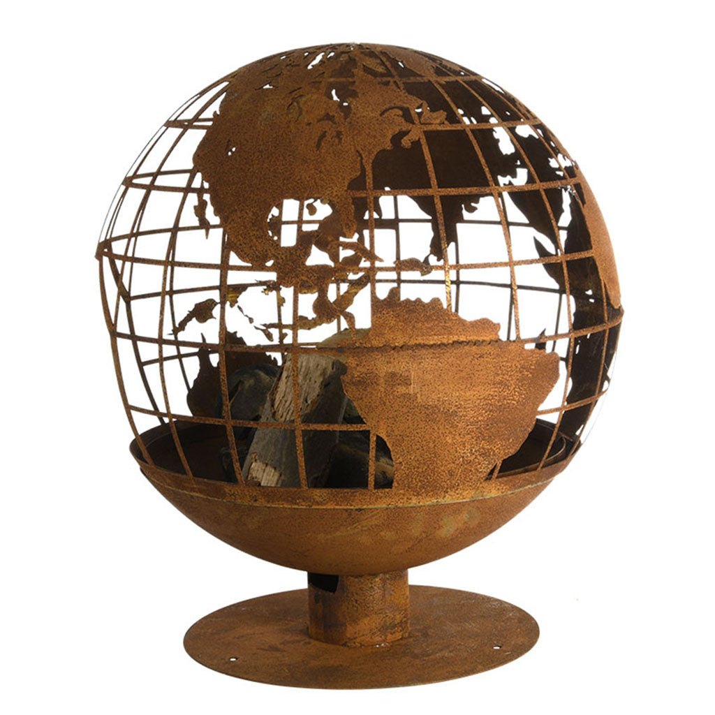 World Laser Cut Rust Fire Globe